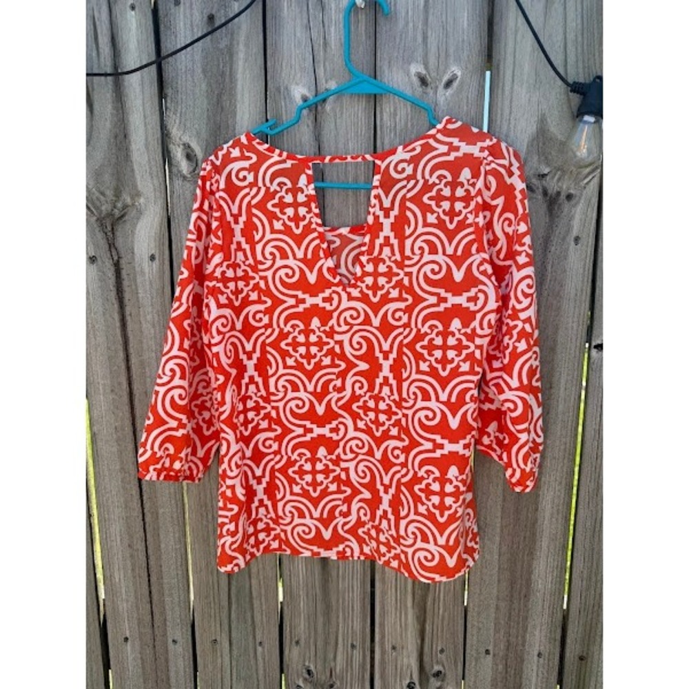 Lactona Orange White Scroll Print Cutout Back 3/4 Sleeve Blouse Small Womens